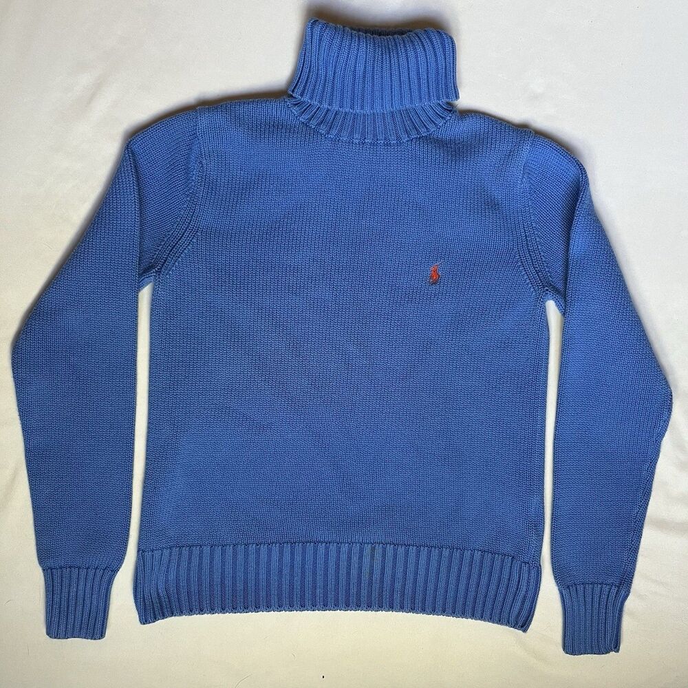 Ralph Lauren Sport Turtleneck Knit Sweater Womens Size L Cotton Ribbed Blue Pony